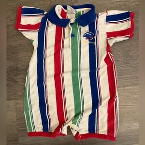 Vtg OshKosh B'gosh Baby Romper Size 12 Months Striped Outfit Green Blue Red